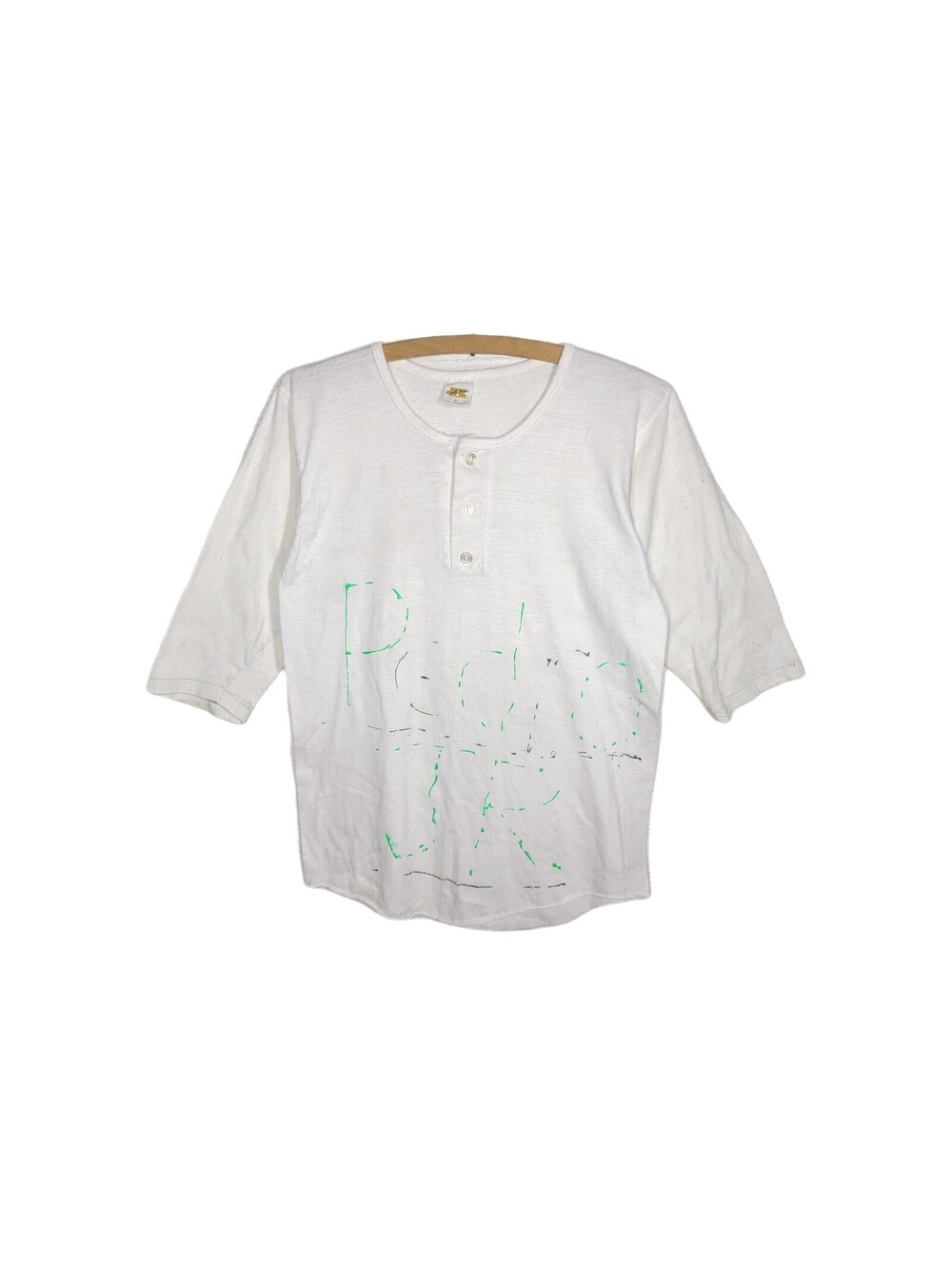 Vtg 60s White Henley Tshirt 3 Button Single Stitch L 50/50 Russell USA Paint